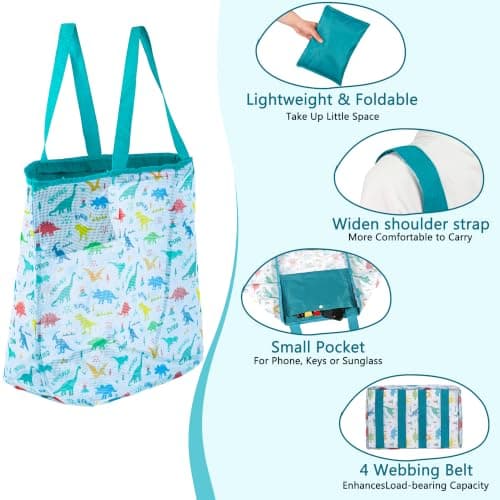 LAHAQIQI Extra Large Mesh Beach Toy Tote Bag with Drawstring- Foldable Lightweight Swimming Travel & Summer Essentials for Women Kids (Green Dino) — view 5