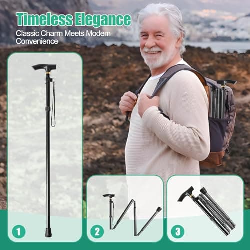 Walking Stick, Folding Walking Sticks for Women & Men,Heavy Duty,Lightweight,Adjustable Collapsible Walking Stick for Elderly and Arthritis Disabled (Black) — view 2