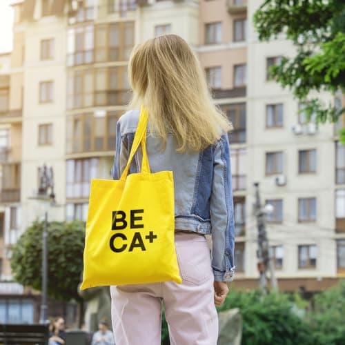 Wonky Line Premium Cotton Tote Bag, Eco-Friendly Shopping Bag, 100% Cotton Canvas, Reusable Grocery Cloth Bag, Extra Strong Long Handle Double Stitched Ideal for Printing (Yellow) — view 3