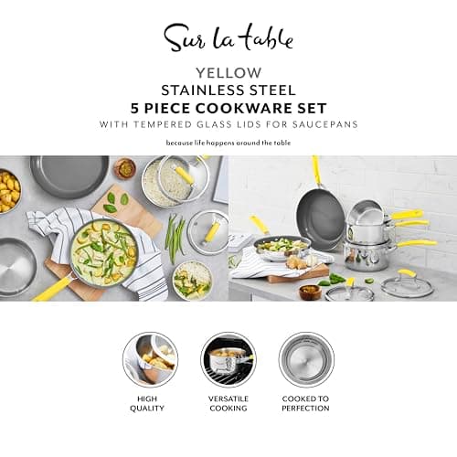 Sur La Table 5 Piece Yellow Colour Me Happy Cookware Set, 16/18/20cm Saucepans, 24/28cm Frying Pans, 360° Pouring Lips, Comfortable Yellow Grip, Stainless Steel, Induction Compatible, SLT800310YLW — view 2