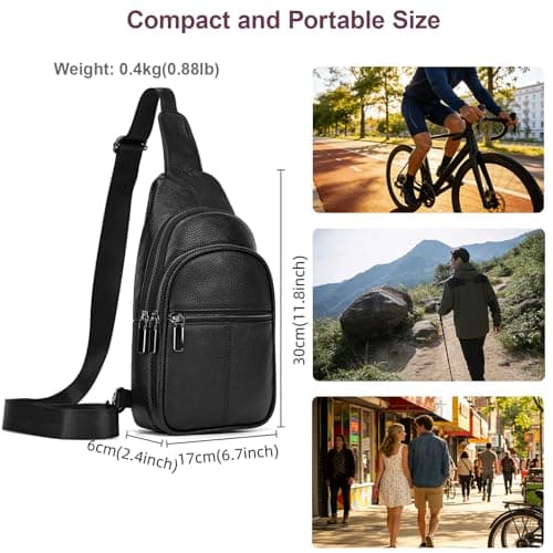 Yevabo Genuine Leather Men's Chest Bag Sling Crossbody Backpack - Anti-Scratch Multi-Pocket Adjustable Strap for Travel Hiking Commuting Daily Use, Black — view 6