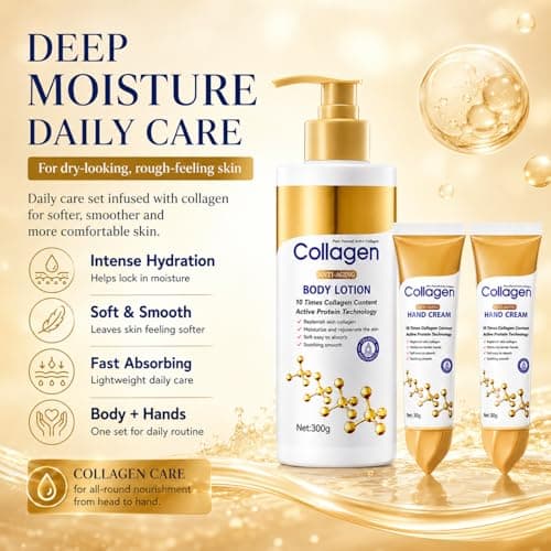 Collagen Body Lotion 300g with 2 x 30g Hand Cream, Firming Body Lotion and Collagen Cream for Skin Tightening, Fast Absorbing Moisturiser for Dry Rough Skin, Hands and Daily Body Care — view 2