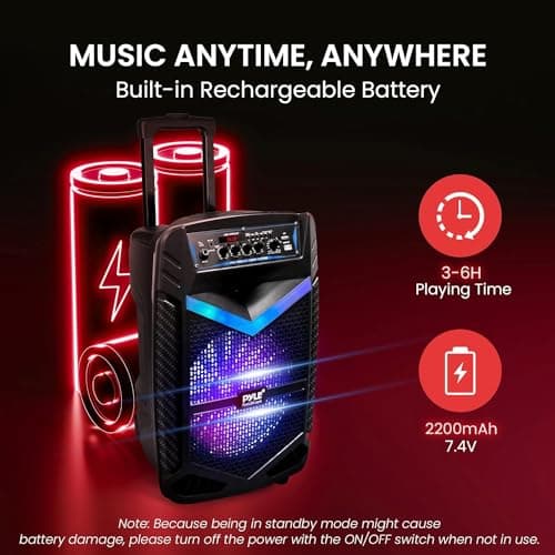 Pyle, Portable PA Speaker, Bluetooth- Loudspeakers, 600W Rechargeable w/ 10” Subwoofer 1” Tweeter, Pa System w/Wireless Microphone, Dj Speakers, w/Recording Function/Mic Input/Lights/USB/SD/Radio — view 5