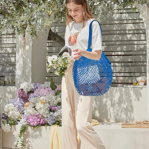 AfitLulu Mesh Beach Bags for Women, Cotton Mesh Bag Large Tote Bag Reusable Shopping Bag Beach Tote Bag with Handle, Mesh Bags for Shopping Travel Vacations (White) — view 6