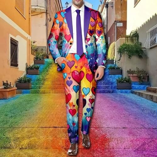 Generisch 2026 New Arrivals Two Piece Long Sleeve Coat Pants for Men Rainbow Printed Button Down Pockets for Holiday Party, purple, XL — view 2