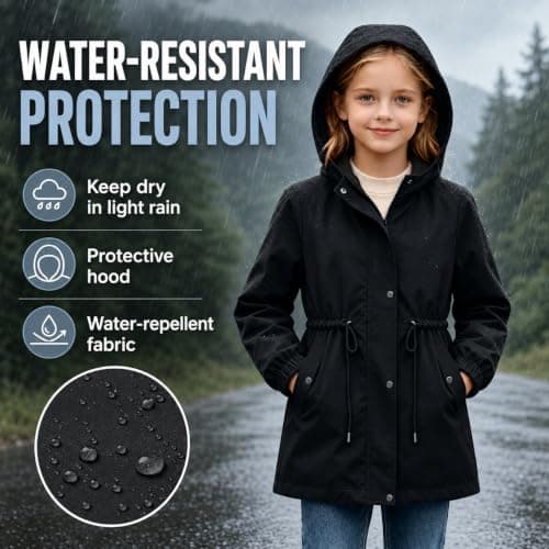 Slxbear Girls Waterproof Coats Kids Rain Jacket Windproof Windbreaker Solid Full Zip Up Button Raincoats with Pockets Long Sleeve Autumn Outwear Teens School Casual Clothes13 Years — view 4