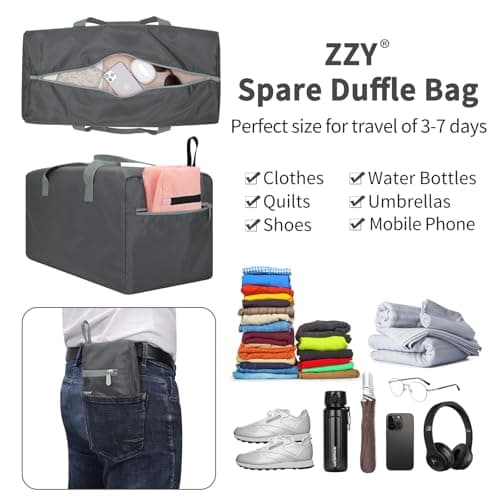 ZZY 35L Foldable Travel Duffle Bag, 22-Inch Packable Small Duffel Bag Lightweight Holdall for Camping, Storage, Travel-Grey — view 2