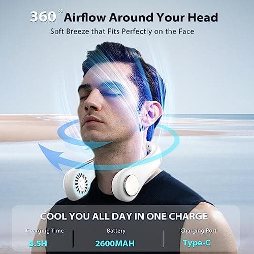 ITHKY Neck Fan, Portable Fan Hands Free Bladeless Mini with 360°Cooling Airflow, USB Rechargeable Personal Quiet Wearable 3 Wind Speed for Sports Outdoor Indoor, Dark White — view 3
