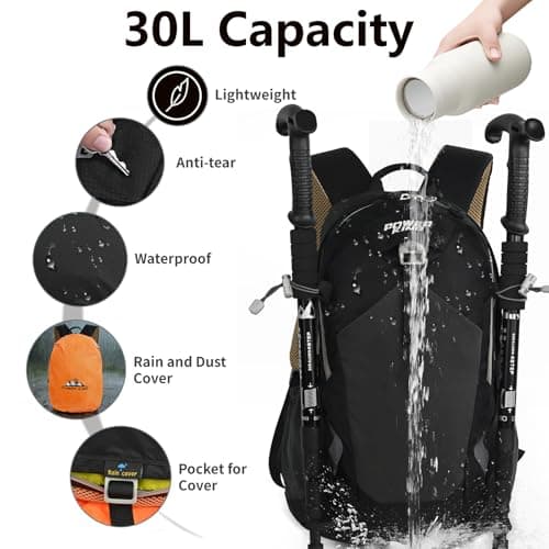 Lightweight Hiking Backpack, 30L Women/Men Waterproof Travel Rucksack Bag with Rain Cover, Outdoor Small Foldable Daypack for Student, Fit for 15.6 inch Laptop (Black, 30L) — view 3