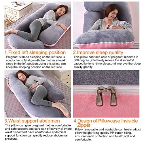 Pregnancy Pillows for Sleeping, Full Body Pillow Large U Shaped Upgrade and Maternity Support with Replaceable and Washable Velvet Cover (Pink and Grey-Velvet) — view 3