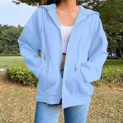 Oversized Hoodie Zip Up Hoodies for Women Uk Y2K Oversized Airplane Travel Hoodie Ladies Long Sleeve Hooded Sweatshirts Pockets Baggy Lined Comfortable Warm Preppy Style Plain Loose Hoody Light Blue — view 2