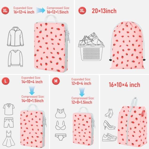 Compression Packing Cubes for Travel, Travel Essentials Luggage Organizer bags for Suitcase, Durable Compression Travel Packing Cubes for Carry on Backpack(Pink strawberry, 7pcs) — view 2