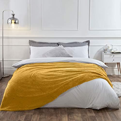 Dreamscene Fleece Blanket Throws for Sofas, Soft Cosy Warm Honeycomb Waffle Throw Blanket for Bed Settee Faux Fur Throws Fluffy Single Bed Throw, Mustard Yellow - 125 x 150cm — view 2