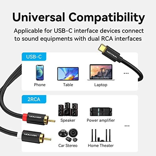 VENTION USB C to 2X RCA Audio Cable Type C to 2RCA Stereo Adapter Cable,USB-C to Dual Cinch Plug Y Cable for Phone,Tablet,Speaker,PS5,Amplifier,DVD,TV,Soundbox,Macbook Pro (1.5M/4.92ft) — view 5