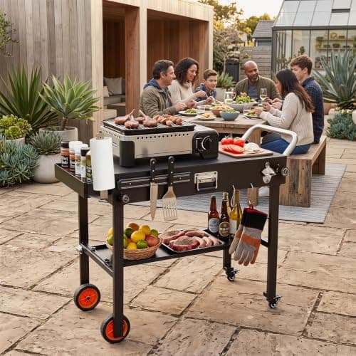 TANGZON Folding Grill Cart, Outdoor BBQ Prep Table with Wheels — view 3