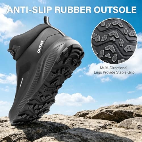 OUTJET Men's Waterproof Hiking Boots Lightweight Comfortable Breathable Outdoor Walking Trekking Boots Black — view 5