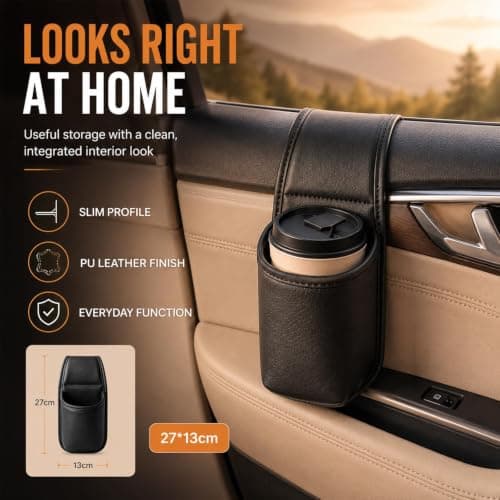 Leather Car Door Cup Holder Seat Side Organizer for Drinks & Phone (Set1) — view 3