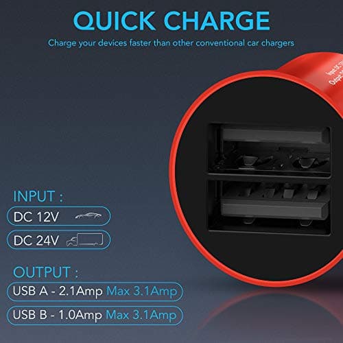 iSOUL Car Charger, USB Car Cigarette Lighter Charger, 12V/24V (DC 5V) 3.1A USB Car Chargers Adapter 2-Port, Fast Charging for iPhone 15 14 12 11 X Pro Max Samsung Galaxy iOS Android Devices Red — view 2
