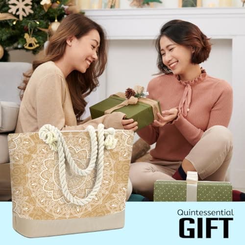 Fokongna Beach Bags Waterproof Sandproof Tote Bag Travel Bags for Women 1267-1297, Gold Mandala, 18"x14.5"x6", Gold Mandala — view 6