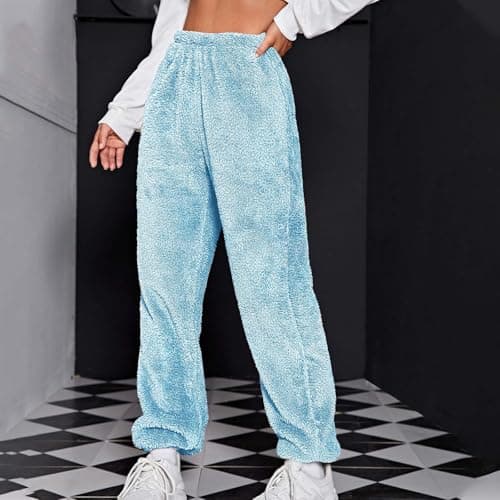 Fleece Lined Trousers Pyjama Bottoms Women High Waist Thick Thermal Leggings Plain Winter Warm Stretchy Leggings Elastic Waist Casual Comfy Tapered Leg Fluffy Pajama Pants — view 2