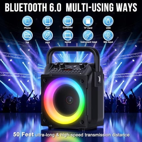 Karaoke Machine with Two Wireless Microphones, Adults&Kids Portable Karaoke Machine, Bluetooth Speaker with PA System, LED Lights, Supports TF Card/USB, AUX in, FM, USB,TWS, REC for Party, Gift(Black) — view 2