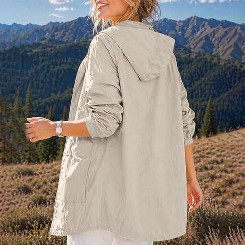 Waterproof Jacket Summer Lightweight Women's Jackets Drawstring Waisted Windbreaker Rain Coats Fashin Plus Size Ladies Rain Jackets with Hood Casual Raincoat Ponchos Clothing for Hikking Walking Beige — view 4