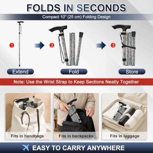 supregear Walking Stick - Adjustable Folding Walking Sticks for Women and Men - Lightweight Portable Collapsible Balancing Aid - Foldable Travel Cane for Ladies Elderly Adults, Grass Green — view 4