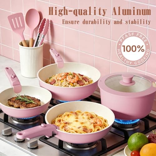 Umite Chef Pots and Pans Set Non Stick, 21 pcs Nonstick Ceramic Cookware Set, RV Kitchen Cooking Set with Detachable Handles, Oven Safe, Induction Cookware, Stackable, Pink, PFAS PFOA & PTFE Free — view 3