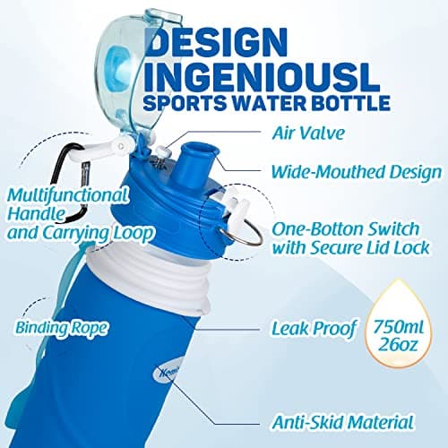 Kemier Collapsible Foldable Water Bottle for Travel, Gym, Hiking - Silicone Leakproof Sports Outdoor Bottle with Carabiner, 750ML/26OZ (Blue) — view 3