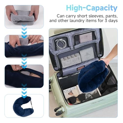 AHRLIC Soft Stuffable Neck Pillow for Travel Multifunctional U-Shaped Cushion Fillable with Clothes for Extra Luggage Space, Adjustable Strap for Airplane, Camping, Train, Hiking (Navy Blue) — view 4