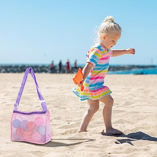 GLADFRESIT Mesh Beach Bag - Shell Net Tote for Seashell Collecting and Beach Accessories (Pink Purple Band) — view 5