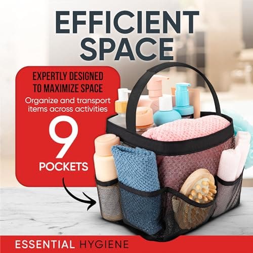 Masirs Shower Caddy Mesh - 9 Pocket Portable Bathroom Organizer Tote for Travel, Gym & Dorm - Collapsible Small Shower Caddy Bag to Hold Toiletries & Essentials (Black) — view 5