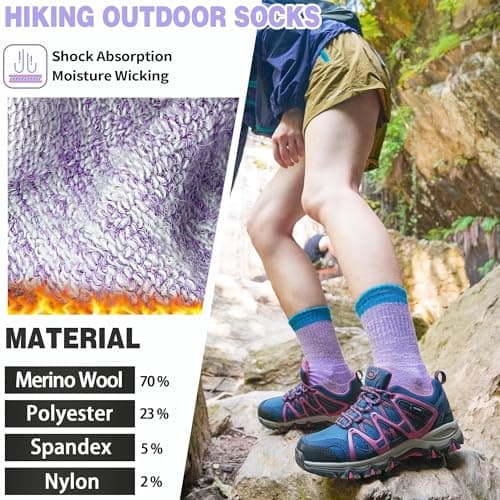 SAVALOS Merino Wool Hiking Socks for Women Thermal Warm Winter Cosy Work Crew Gifts Socks 5 Pairs Stocking Fillers(Light Blue/Light Green/Light Red/Khaki/Purple,3-7) — view 3