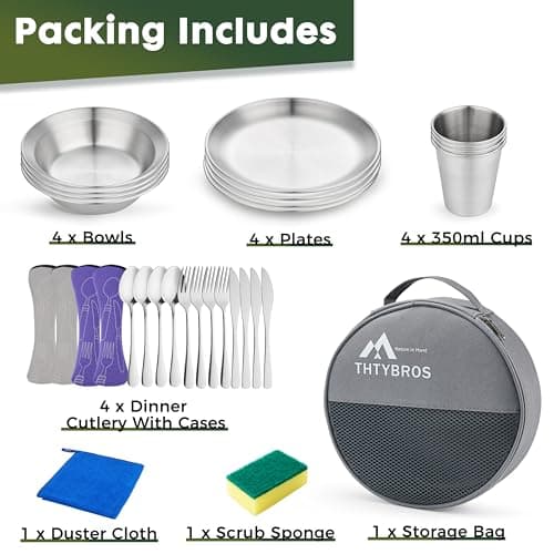 Stainless Steel Camping Mess Kit for 1-4 People,All-in-One Camping Cookware & Tableware Set with Plates,Bowls, Cups,Cutlery & Carry Bag,Outdoor Cooking Utensils for Camping,Backpacking,Hiking, Picnic — view 2