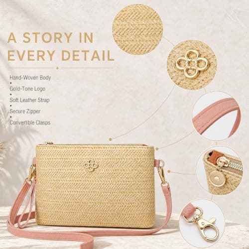 KIPTVO Straw Crossbody Bag for Women, Woven Small Beach Purse with Adjustable Strap, Summer Handmade Zipper Shoulder Bag for Holiday Travel, Bohemian Beige Casual Tote for Vacation Daily Use — view 4