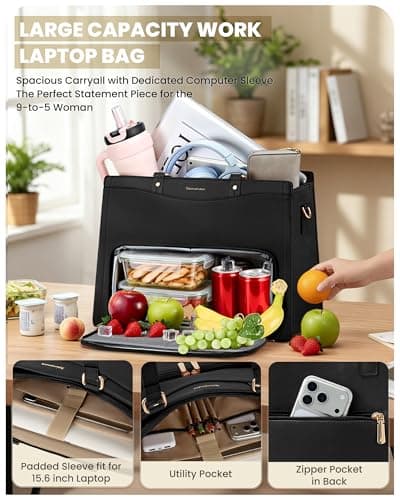 RAINSMORE Teacher Bag 15.6 Inch Laptop Bag with Lunch Compartment PU Leather Laptop Tote Bags for Women Professional Work Bag for College Office Black — view 6