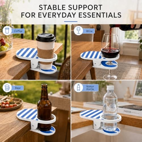 Clip On Cup Holder, Clamp On Cup Holder for Chair, Beach Chair Cup Holder Portable Drink Holder with Strong Clamp for Desk Table Pool, Cruise Outdoor Use (Blue) — view 5