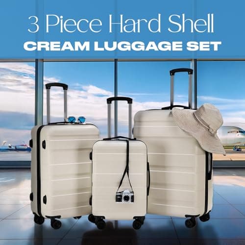 OHS Cream Travelling Suitcases for Holidays, Hardshell Lightweight Suitcases Set Durable Adjustable Handles 4 Wheels - Cabin Luggage, Medium Suitcase, Large Suitcase — view 2