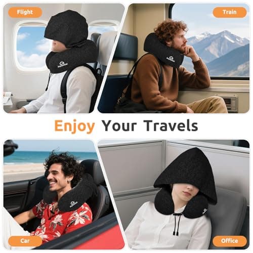 Joytential Travel Pillow with Hood for Airplane Long Flights, Privacy Hooded Plane Pillow with Skin-Friendly Cover, Comfort Memory Foam, Neck Pillows for Office Rest, Road Trip, Car Sleeping (Black) — view 6