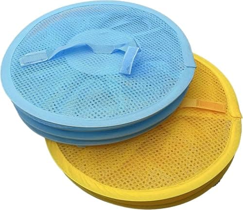 2 Pcs Hanging Mesh Space Saver, 4 Compartment Foldable Hanging Toy Storage Organizer Large Teddy Bear Storage Net Bag Basket for Kids Room Bathroom Balcony (Yellow&Blue) — view 6