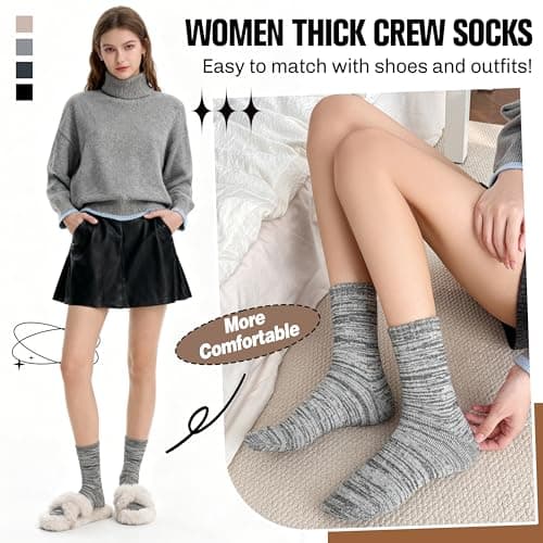 EBMORE Merino Wool Thermal Warm Socks for Women Men Thick Winter Walking Hiking Cosy Crew Comfy Gifts Socks 4 Pairs Stocking Fillers(Beige/Grey/Dark Grey/Black, 3-7) — view 5