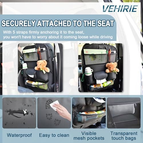 VEHIRIE Car Back Seat Organiser with Foldable Table Tray – Premium Leather Kick Mat for Kids, Multifunctional Travel Tray with Toy Pockets, Seat Back Protector & Tablet Holder – Black — view 5