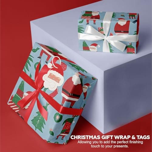 Christmas Wrapping Paper Sheets with Gift Tags & String – Santa, Elf & Red Stripe Designs – Premium Xmas Gift Wrap Set for Presents A2 Size (Pack of 3 Sheets & 3 Tags & Strings) — view 5