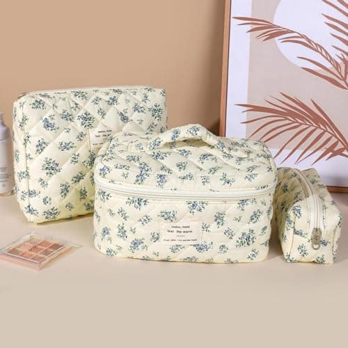 Aucuu 3PCS Coquette Makeup Bag, Quilted Makeup Bag for Women, Floral Cotton Cosmetic Bag Set, Large Capacity Aesthetic Floral Toiletry Bag, Travel Toiletry Bag, Wash Organizer Pouch for Women Girls — view 6