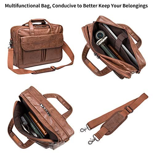 seyfocnia Mens Laptop Bag, PU Leather Messenger Bag Water Resistant Business Travel Briefcase, Work Computer Bag Satchel Bag for Men（17.3 Inch Brown） — view 5
