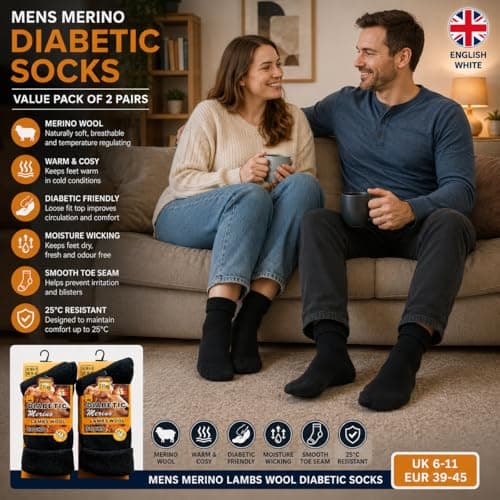 reshmena® 2 Merino Diabetic Mens Wool Socks Loose Top Men Wool Non-Elastic Sock's Mens Thick Boot Socks Winter Sock 2.4 TOG UK Size 6-11 Black — view 4