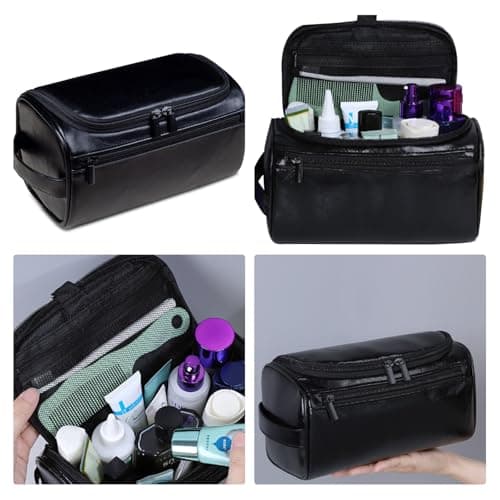 PU Leather Toiletry Bag for Men, Dark Brown Wash Bag for Travel, Gym & Shaving, Dry & Wet Separation with 3 Compartments - Perfect Men's Washbag (Black) — view 5
