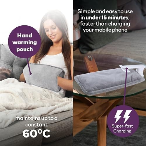 Carmen Large Rechargeable Hot Water Bottle, Soft Touch Fleece Cover, Hand Warmer, Automatic Temperature Control, W36cm x H19cm, Grey — view 3