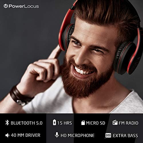 PowerLocus Bluetooth Over-Ear Headphones, Wireless Stereo Foldable Headphones Wireless and Wired Headsets with Built-in Mic, Micro SD/TF, FM for iPhone/Samsung/iPad/PC (Black/Red) — view 3