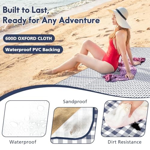 Anyiner Picnic Blanket Waterproof 300x200cm Large Travel Blanket Beach Blanket, Slip Resistant With Carrying Handle for Family Picnic Beach Camping, Blue Plaid (Blue, 300 x 200 cm) — view 3